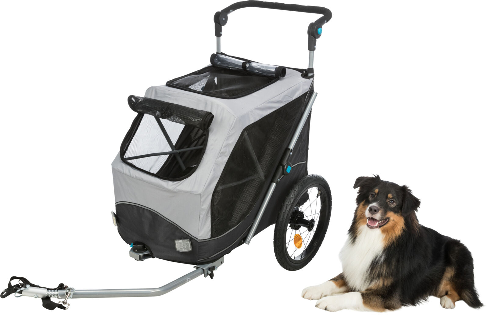Grauer Fahrradanhänger mit schwarzen Rädern neben einem sitzenden dreifarbigen Hund auf weißem Hintergrund.