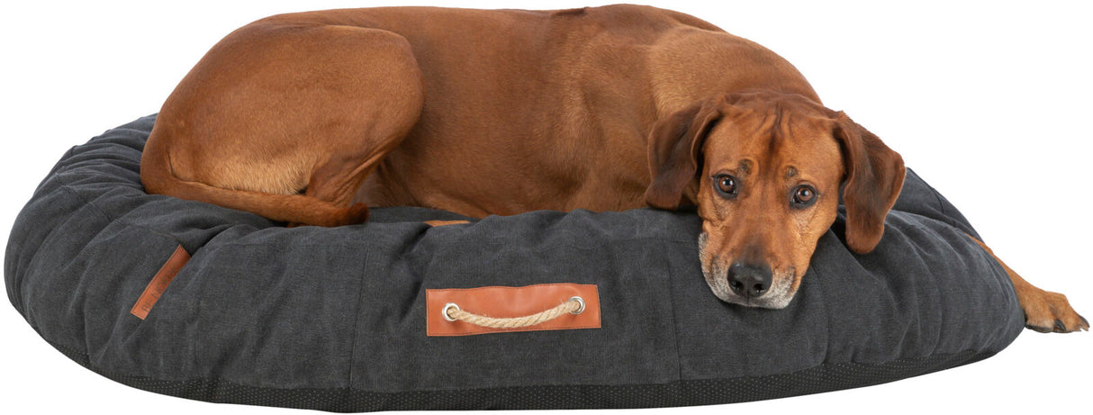 Ein brauner Hund liegt auf einem großen, runden, dunkelgrauen Hundebett mit einem Seilgriff.