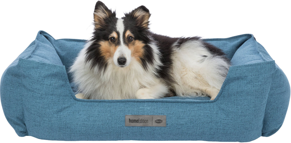 Hund in einem blauen Hundebett aus Stoff mit grauem "homeEdition"-Label, liegend und nach vorn blickend.