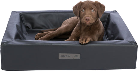 Ein brauner Welpe liegt entspannt in einem dunkelgrauen Hundebett mit einer "homeVITAL" und "TRIXIE" Marke vorn.