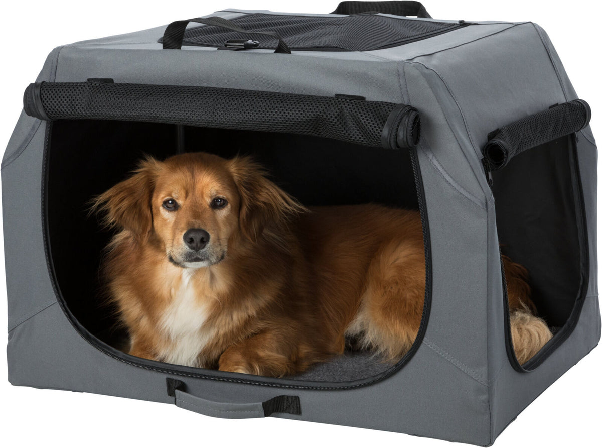 Ein brauner Hund liegt in einer grauen Transportbox mit offenen Netzseiten und blickt aus dem Eingang.