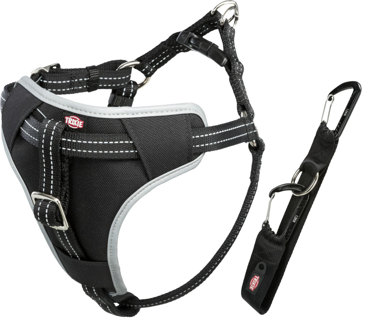 Schwarzes Hundegeschirr mit weißen Nähten und silbernen Ringen, inklusive schwarzem Karabinerhaken.