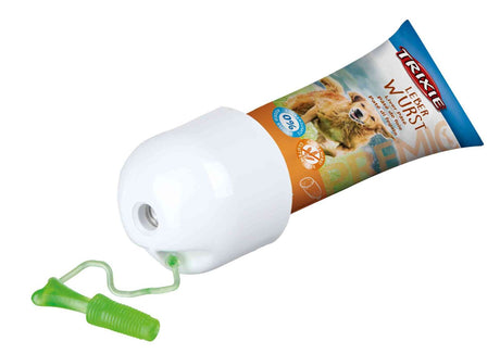 Weiße Plastiktube mit Aufdruck "Leber Wurst", grüner Spenderaufsatz, Bild eines Hundes auf der Verpackung.