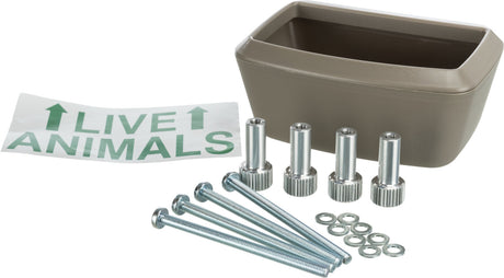 Braune rechteckige Schale, vier Metallhalterungen, Schrauben, Unterlegscheiben und grüner Text "LIVE ANIMALS".