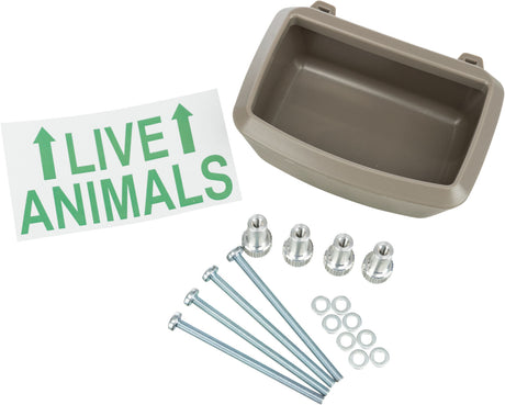 Braune, rechteckige Kunststoffschale mit Schrauben, Muttern und Metallabstandshaltern, daneben grüner Schriftzug "LIVE ANIMALS".