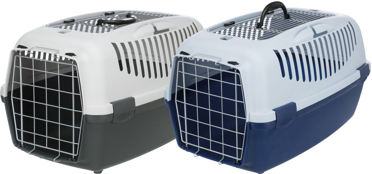 Zwei Transportboxen mit Gittern vorne, eine blau-weiß, die andere grau-weiß, mit Griffen oben.