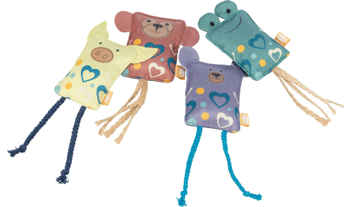 Bunte Tierfiguren aus Stoff mit Herz- und Punktmuster, die jeweils Seilbeine haben.