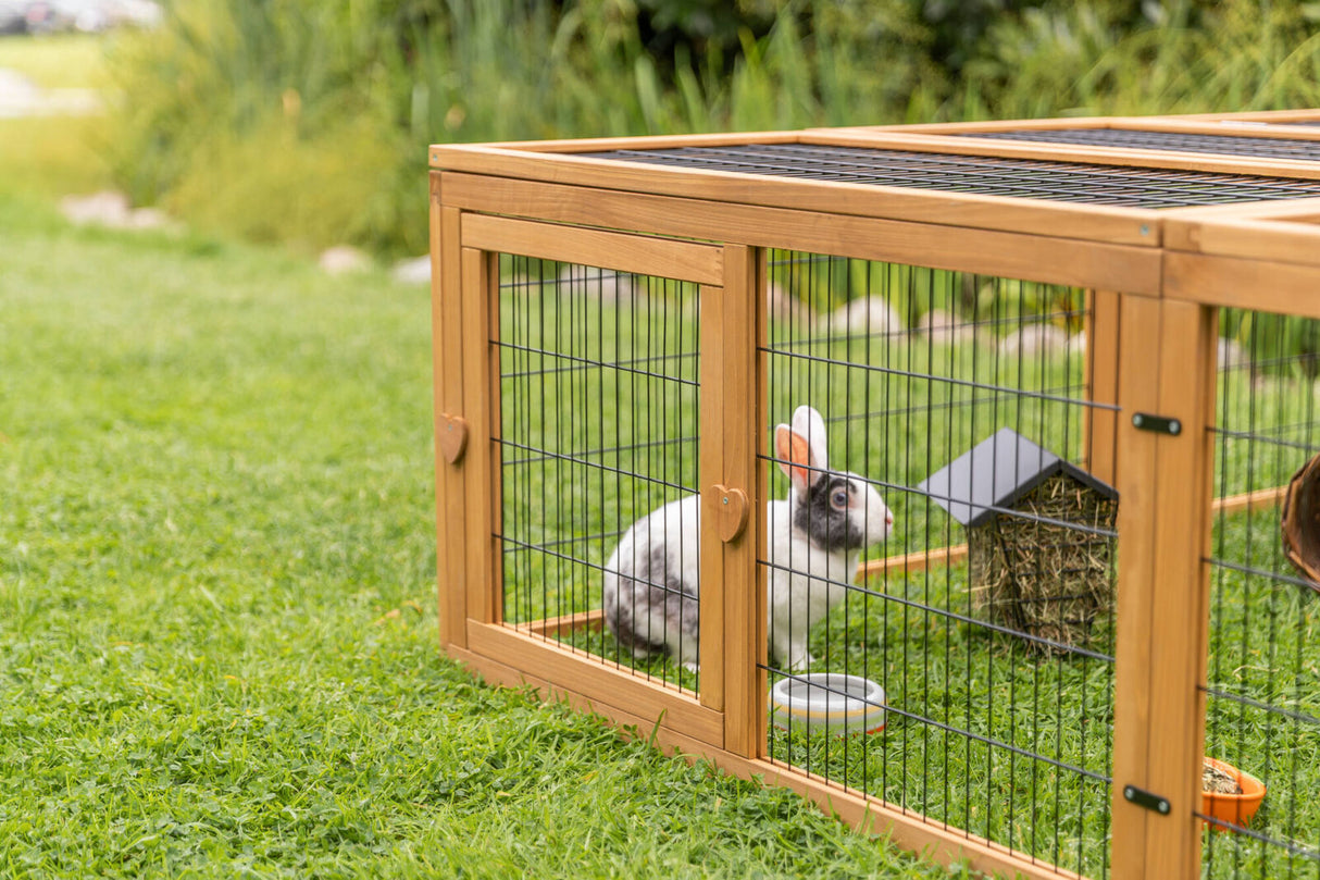 Ein Kaninchen sitzt in einem hölzernen Freigehege auf einer Wiese.
