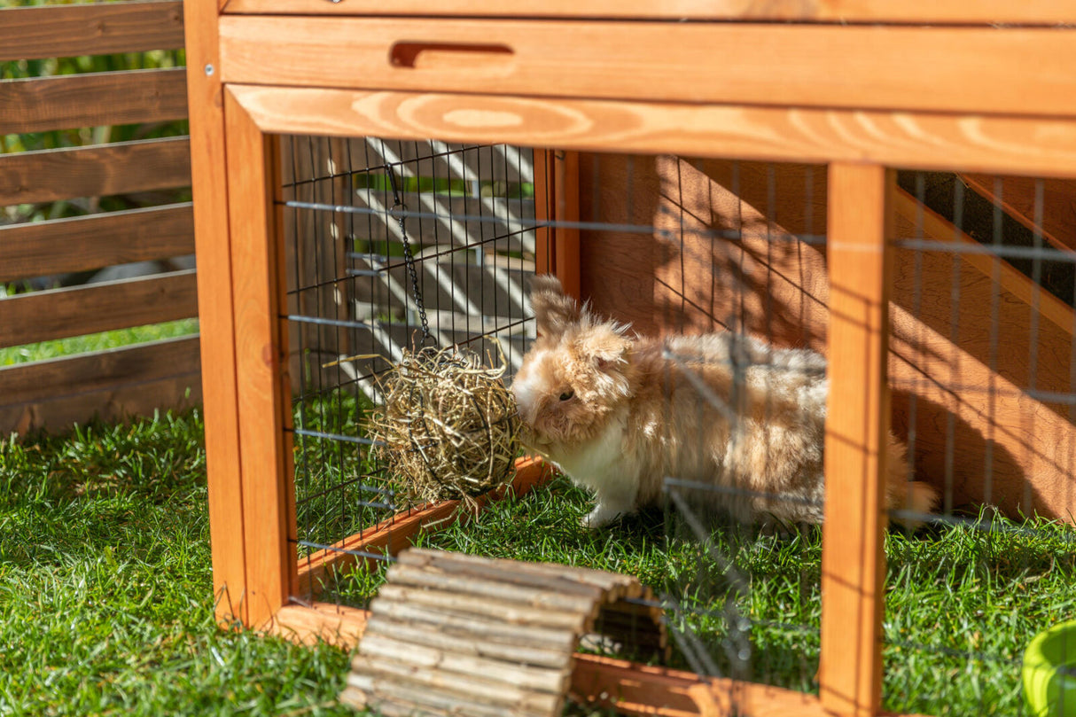 Ein flauschiges Kaninchen befindet sich in einem Holzgehege auf grünem Gras, neben einem Ball aus Heu.