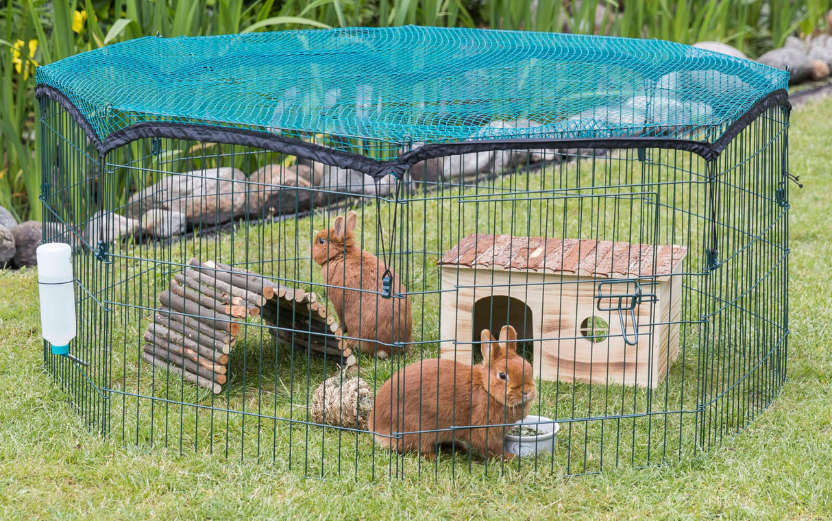 Kaninchengehege im Garten mit grünem Netz, Holzhäuschen und Trinkflasche, zwei Kaninchen im Inneren.