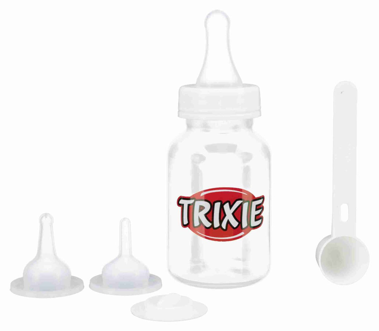 Transparente Flasche mit der Aufschrift "TRIXIE", zwei weiße Saugeraufsätze, Verschluss und Messlöffel.