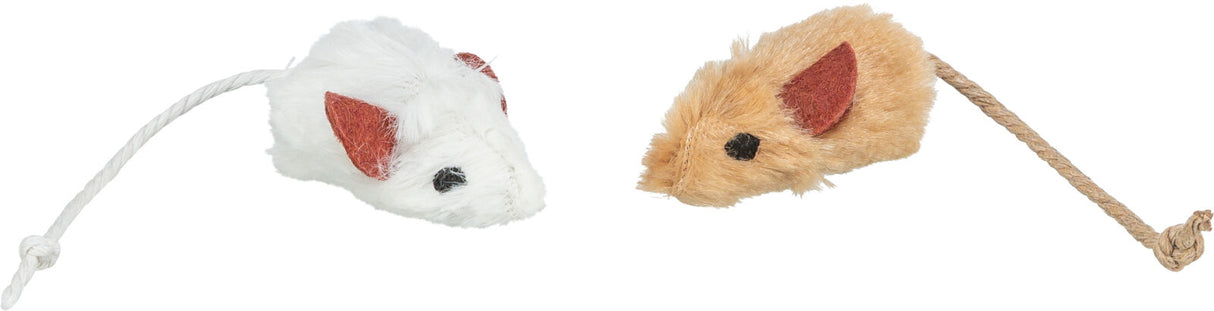 Zwei Plüschspielzeugmäuse mit langen Schwänzen, eine weiß und eine beige, mit braunen Ohren und schwarzen Augen.