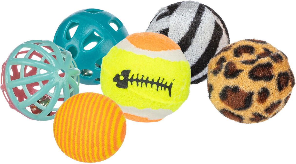 Sechs bunte Spielzeugbälle, einige mit Mustern wie Zebra oder Leopard, verschiedene Materialien sichtbar.