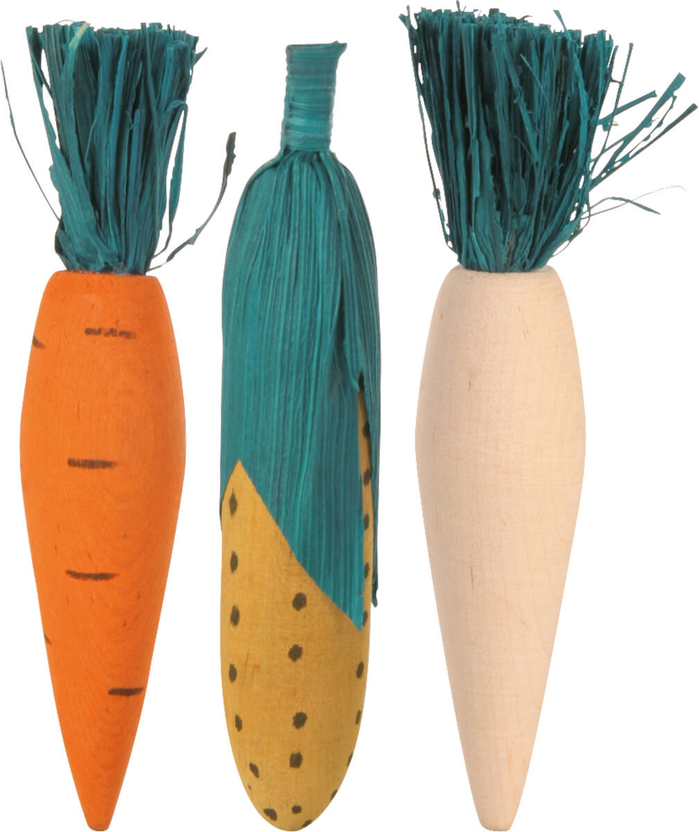 Drei aus Holz gefertigte Gemüsenachbildungen, eine orange Karotte, ein gepunkteter Mais und ein unbehandelter Kohlrabi.