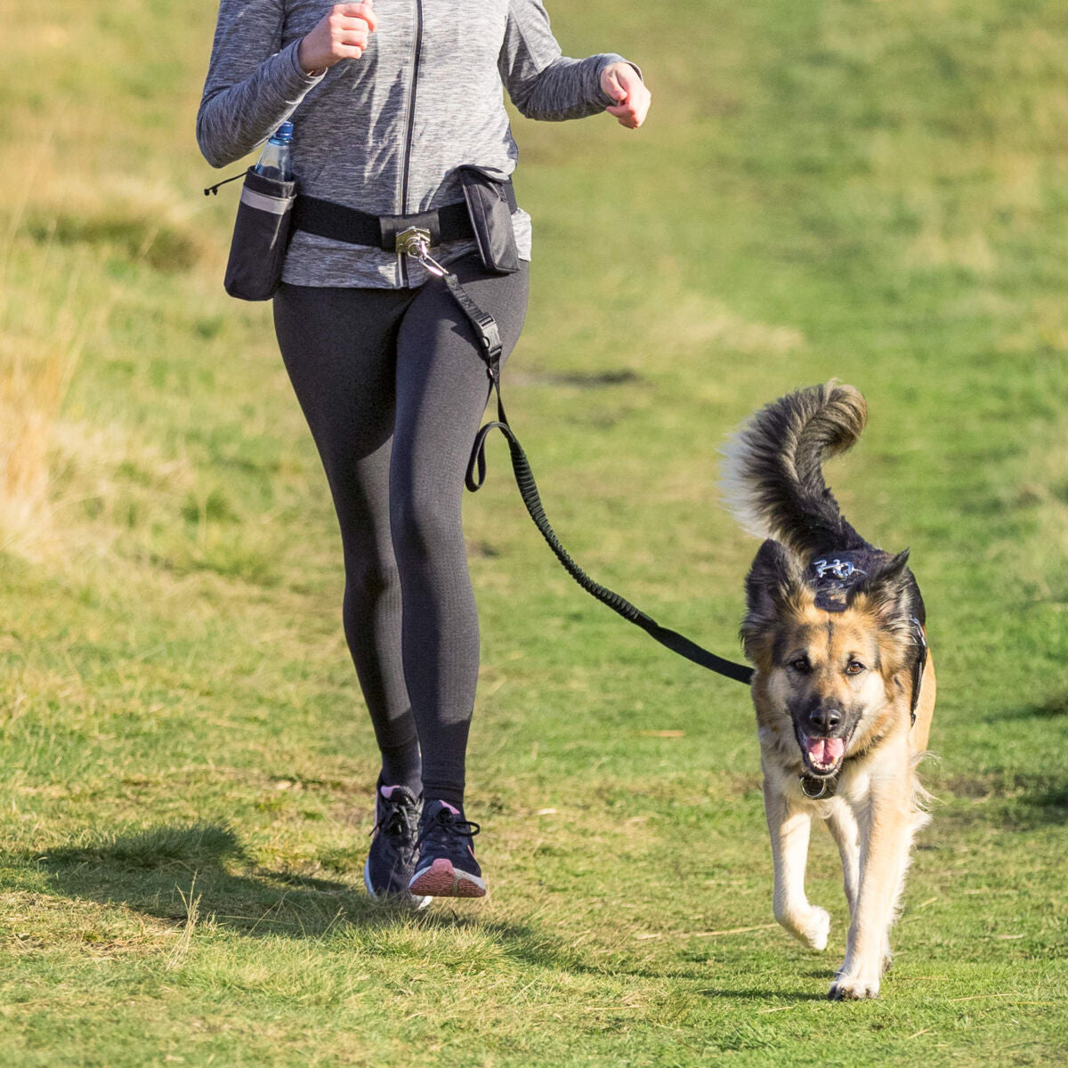 Eine Person joggt auf einem grasbewachsenen Weg und führt dabei einen Hund an einer Leine.