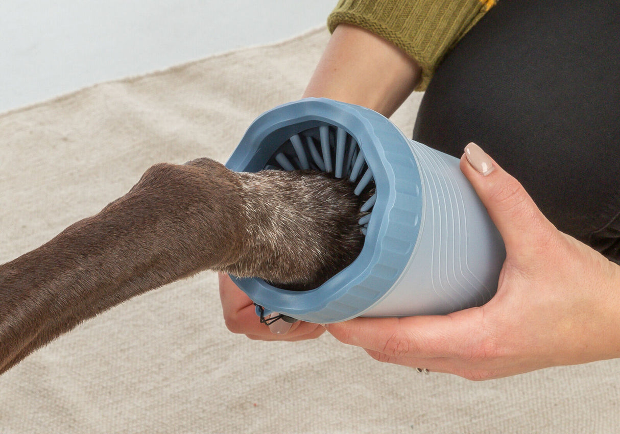 Eine Hand hält einen blauen, runden Behälter, in dem eine Tierpfote steckt, auf einem hellen Hintergrund.