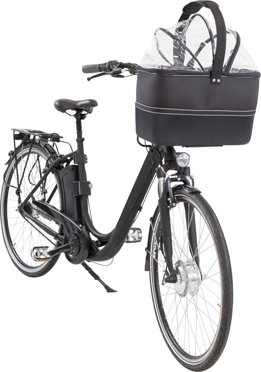 Schwarzes Fahrrad mit einer transparent überdachten Transportbox vorne am Lenker befestigt.