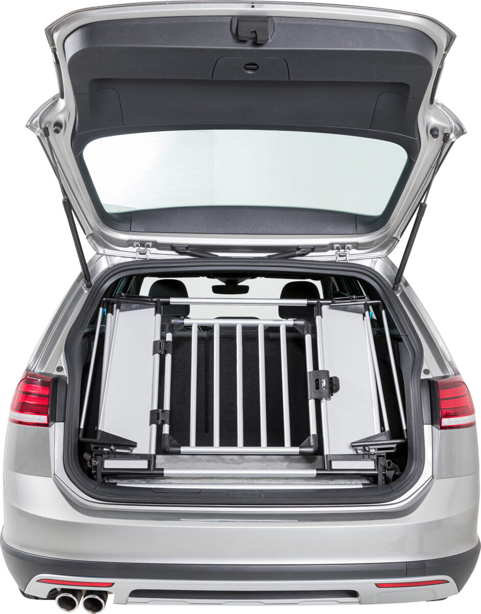 Der geöffnete Kofferraum eines silbernen Autos zeigt eine Metallbox mit Gitterstäben dargestellt.