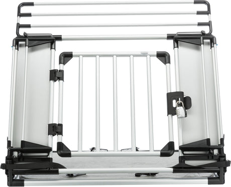 Metallisches Gitterelement mit mehreren Stangen, schwarzem Kunststoff an den Ecken und einem Kombinationsschloss an der Vorderseite.