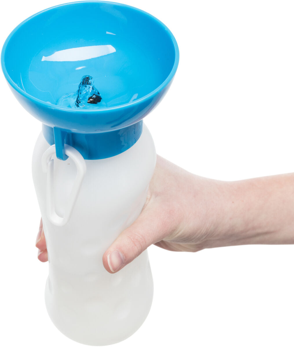 Hand hält eine weiße Flasche mit blauer Schale, Wasser strömt in die Schale.