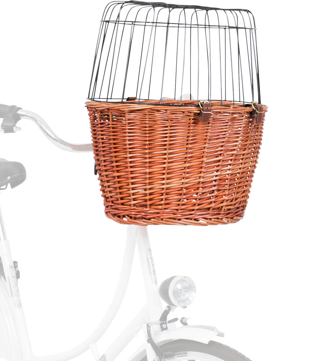 Geflochtener Fahrradkorb mit Metallgitterdeckel, an einem weißen Fahrradlenker montiert.