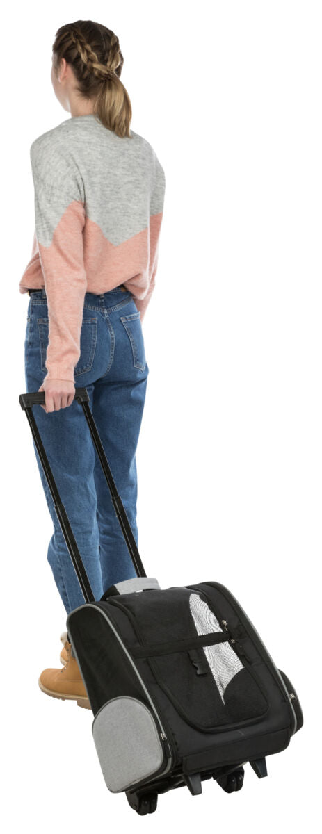 Eine Person in einem grau-rosa Pullover und blauer Jeans zieht eine schwarze, rollbare Tasche.