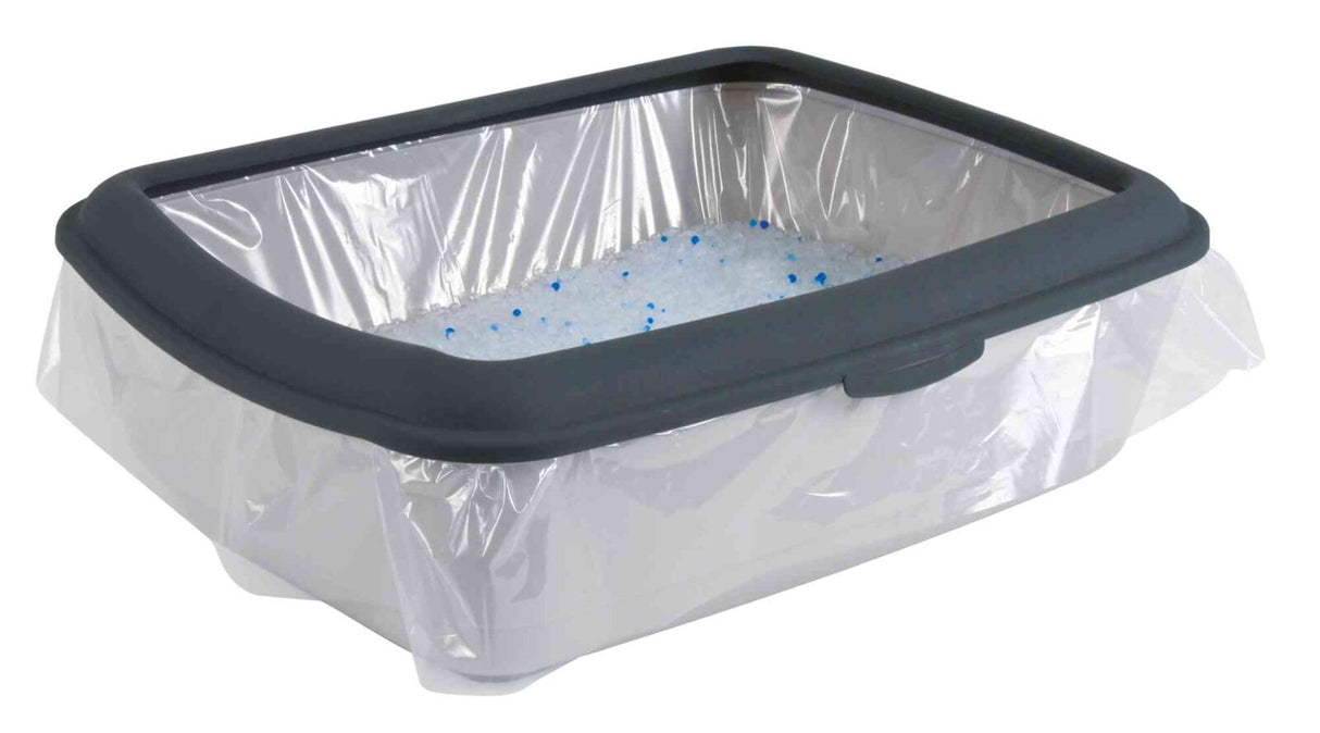 Offene Katzentoilette aus Kunststoff mit schwarzem Rand und durchsichtiger Schutzfolie, gefüllt mit blauen und weißen Granulaten.