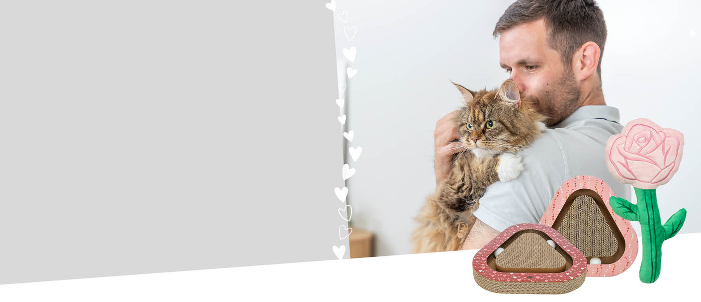 Mann kuschelt mit flauschiger Katze, daneben TRIXIE Kratzpappen und Rosen-Katzenspielzeug – Valentinstag