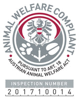 Siegel mit österreichischem Wappen und Text "ANIMAL WELFARE COMPLIANT" sowie "INSPECTION NUMBER 201710014".