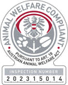Das Bild zeigt ein Siegel mit einem Adler und einem Wappen, Text "ANIMAL WELFARE COMPLIANT" und "202315014".