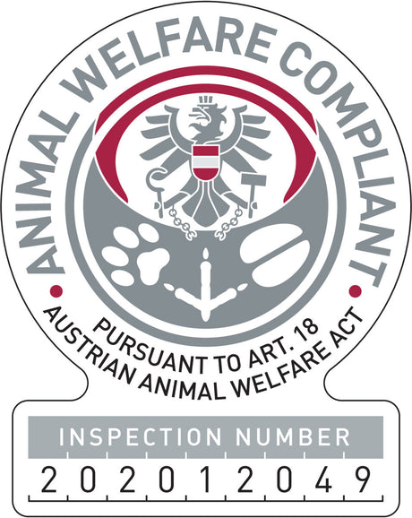 Siegel mit Adler, Pfotenabdrücken und Anker; Text: "Animal Welfare Compliant" und "Inspection Number 202012049".