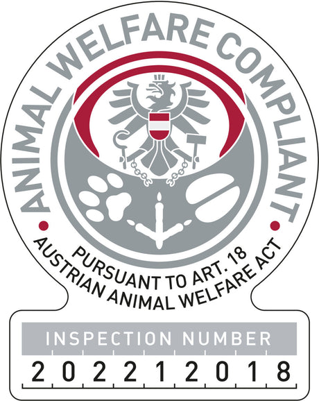 Rundes Siegel mit Adler und Text "Animal Welfare Compliant, Pursuant to Art. 18 Austrian Animal Welfare Act".