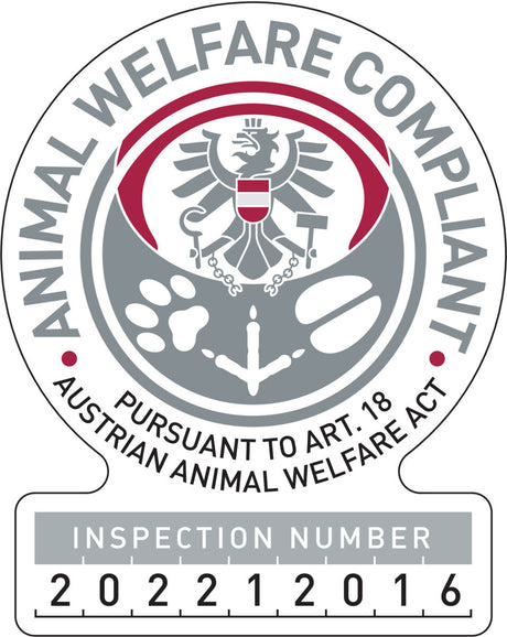 Animal Welfare Compliant Siegel mit Adler, Pfotenabdruck und Inspektionsnummer 202212016, gemäß österreichischem Tierschutzgesetz.