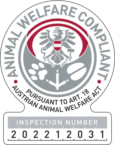 Tierwohl-Zertifikat mit österreichischem Adler, Zahlenreihe 202212031, graue und rote Farbtöne.
