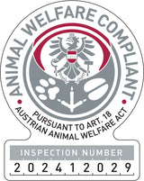 Zeichen mit Adler und Tiersymbolen, Text "Animal Welfare Compliant" und "Inspection Number 202412029".