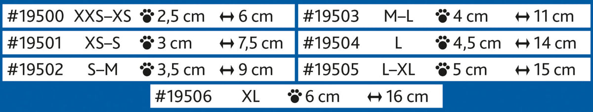 Mehrere Größenangaben von XXS bis XL mit Bestellnummern #19500 bis #19506 und Maßen in cm auf blauem Hintergrund.