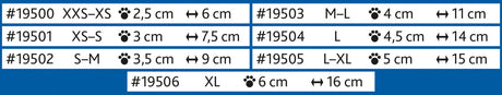 Mehrere Größenangaben von XXS bis XL mit Bestellnummern #19500 bis #19506 und Maßen in cm auf blauem Hintergrund.