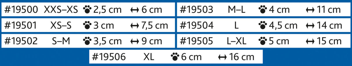 Mehrere Größenangaben von XXS bis XL mit Bestellnummern #19500 bis #19506 und Maßen in cm auf blauem Hintergrund.