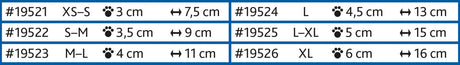 Eine Tabelle mit sechs Zeilen zeigt Größenangaben von XS-S bis XL mit Breiten- und Längenmaßen in Zentimetern.