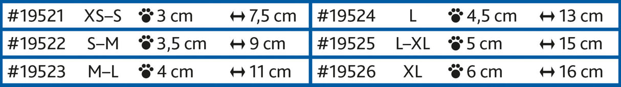 Eine Tabelle mit sechs Zeilen zeigt Größenangaben von XS-S bis XL mit Breiten- und Längenmaßen in Zentimetern.