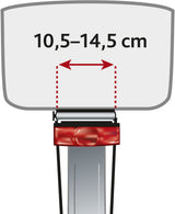 Illustration eines Messinstruments mit rotem Sockel und Anzeige von 10,5–14,5 cm in schwarzer Schrift.