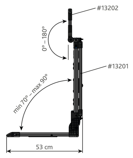 Seitliche technische Zeichnung eines klappbaren Mechanismus mit Winkeln 0–180° und 70–90°, Breite 53 cm.