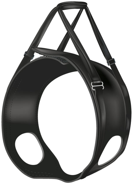 Schwarzes ergonomisches Gurtzeug mit mehreren verstellbaren Riemen und zwei runden Öffnungen auf beiden Seiten.