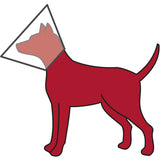 Roter Umriss eines Hundes mit einem transparenten Halskragen im schützenden Stil einer Tierarztkragen.