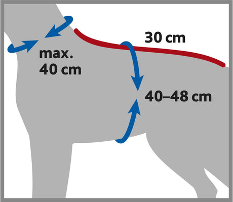 Schematische Darstellung eines Hundes mit Maßangaben für Halsumfang bis 40 cm, Rückenlänge 30 cm und Brustumfang 40-48 cm.