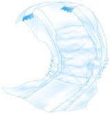 Illustration einer blauen, gefalteten Einwegwindel mit elastischen Bündchen und einem rautenförmigen Muster in der Mitte.