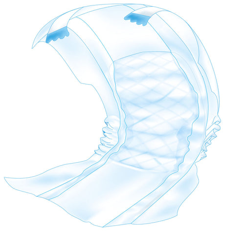 Illustration einer blauen, gefalteten Einwegwindel mit elastischen Bündchen und einem rautenförmigen Muster in der Mitte.