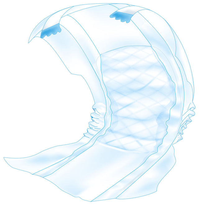 Illustration einer blauen, gefalteten Einwegwindel mit elastischen Bündchen und einem rautenförmigen Muster in der Mitte.