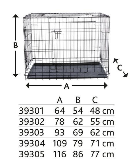 Schwarzer Metallkäfig mit rechteckiger Wanne, daneben Tabelle mit Maßen A, B, C und verschiedenen Zentimeterangaben.