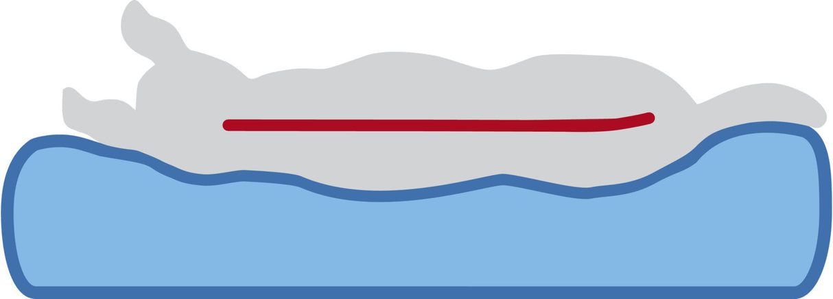 Graue, horizontale Silhouette eines Hundes oder Hasen auf einem blauen Kissen, rote Linie auf dem Rücken.
